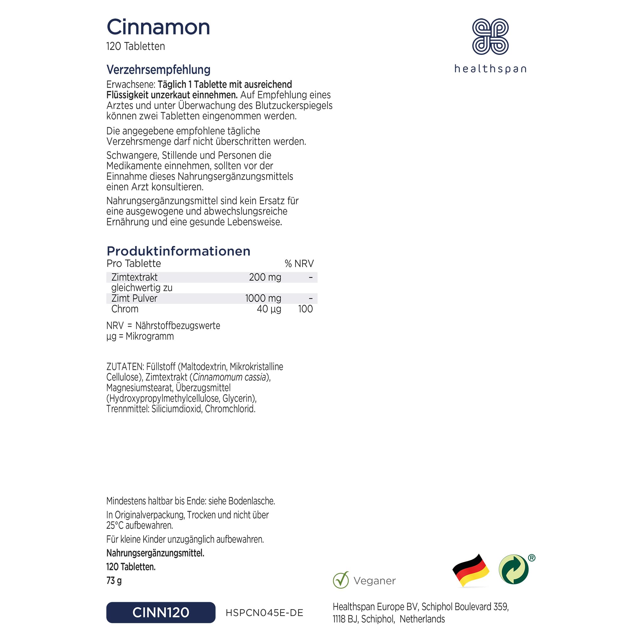Healthspan Zimt 1.000 mg (120 Tabletten) | Unterstützt den Stoffwechsel | Chrom zur Aufrechterhaltung des Blutzuckerspiegels | Inspiriert von der ayurvedischen Kultur | Vegan