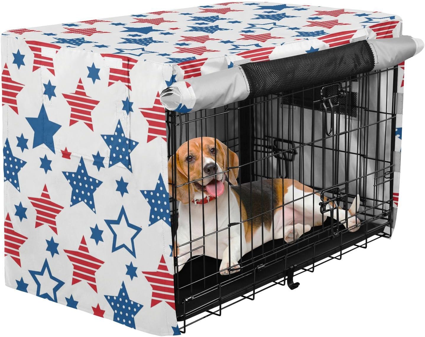 Duty 600D Silver Coated Dog Crate Cover, Water-Resistant Stars Print Pet Kennel Canopy with Mesh Windows for Optimal Ventilation, Universal Fit for Standard Wire Cage, Indoor & Travel