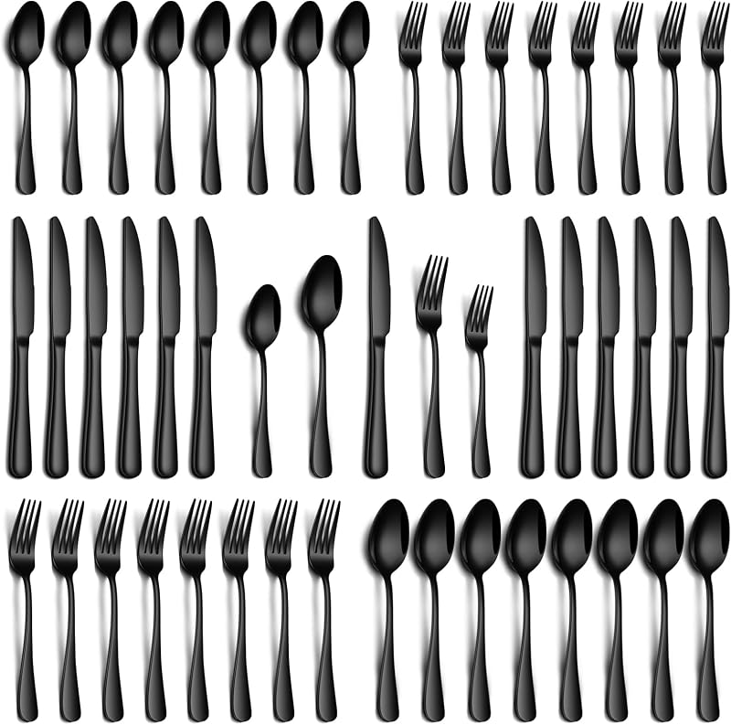 PHILIPALA Juego de cubiertos negros de 40 piezas, juego de cubiertos de acero inoxidable para 8 cubiertos de grado alimenticio, incluye cuchillo, tenedor, cuchara, espejo pulido, apto para lavavajillas