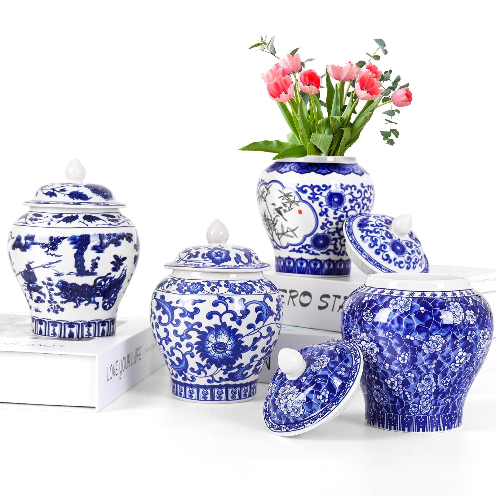 YUDIZWS Set mit 4 kleinen blauen und weißen Vasen, Porzellanvasen, blaue Chinoiserie-Dekoration, Ingwergläser, Keramik, chinesische Blume, dekorative Knospengläser mit Deckel, für Zuhause