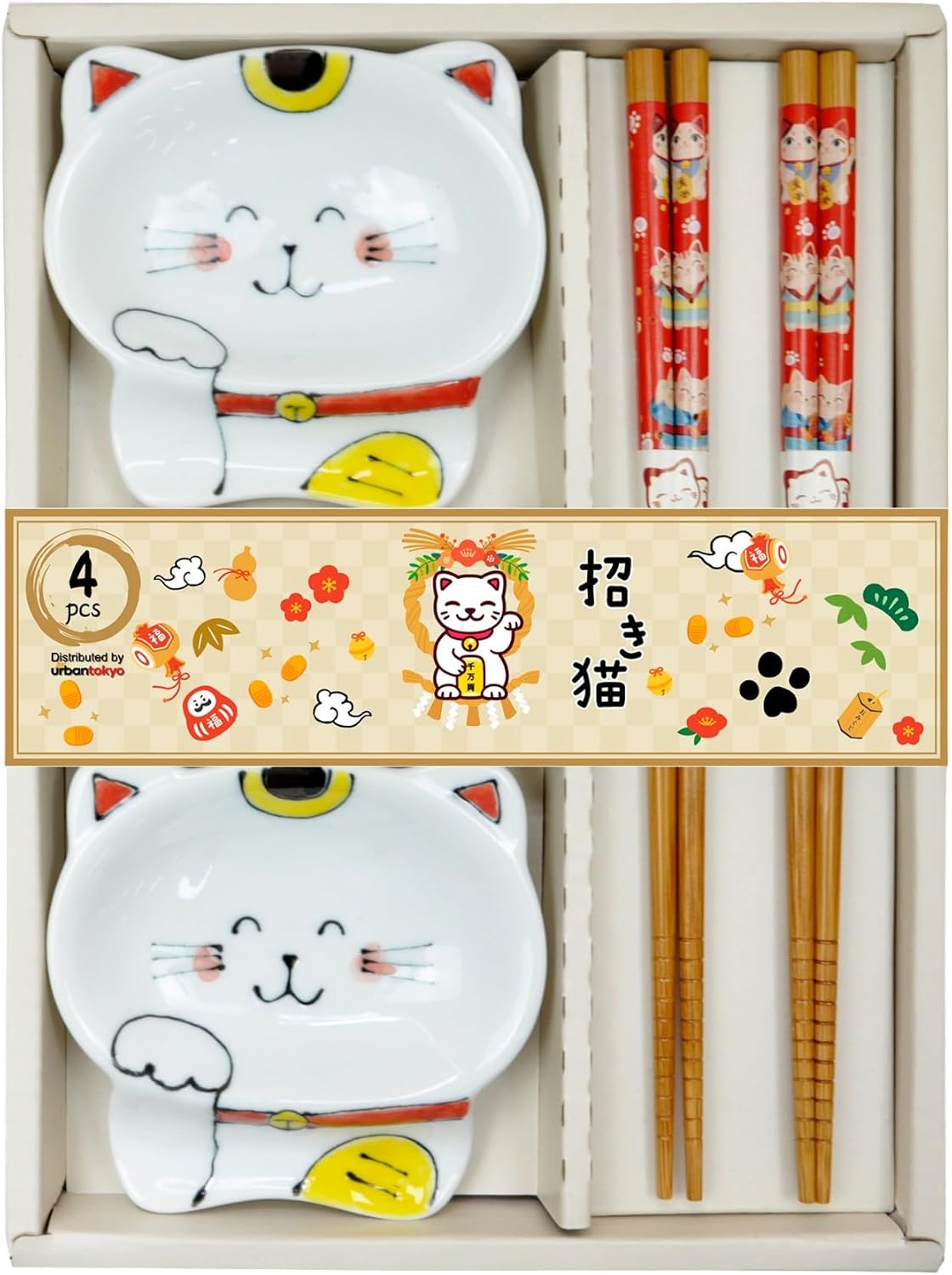 Maneki Neko Lucky Cat Chopsticks and Dish Set, Japanese Style Wooden Chopsticks with Cat Shaped Plates, 4 Piece Gift Set