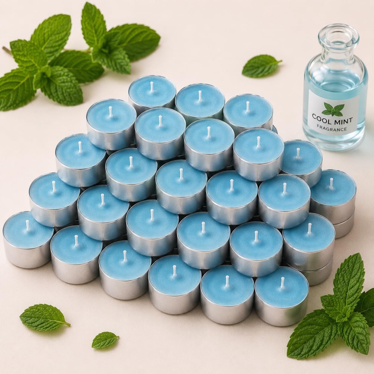 Pack of 50, Premium Scented Colored Tealights | Cool Mint Fragrance | 3.5 hr Burn Time | Light Blue Color-image-22