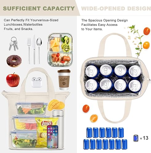 Miniatura 2 de KUBYA Lonchera para mujeres, hombres, adultos, simple, reutilizable, aislada, de gran capacidad, lindas bolsas de almacenamiento de alimentos para