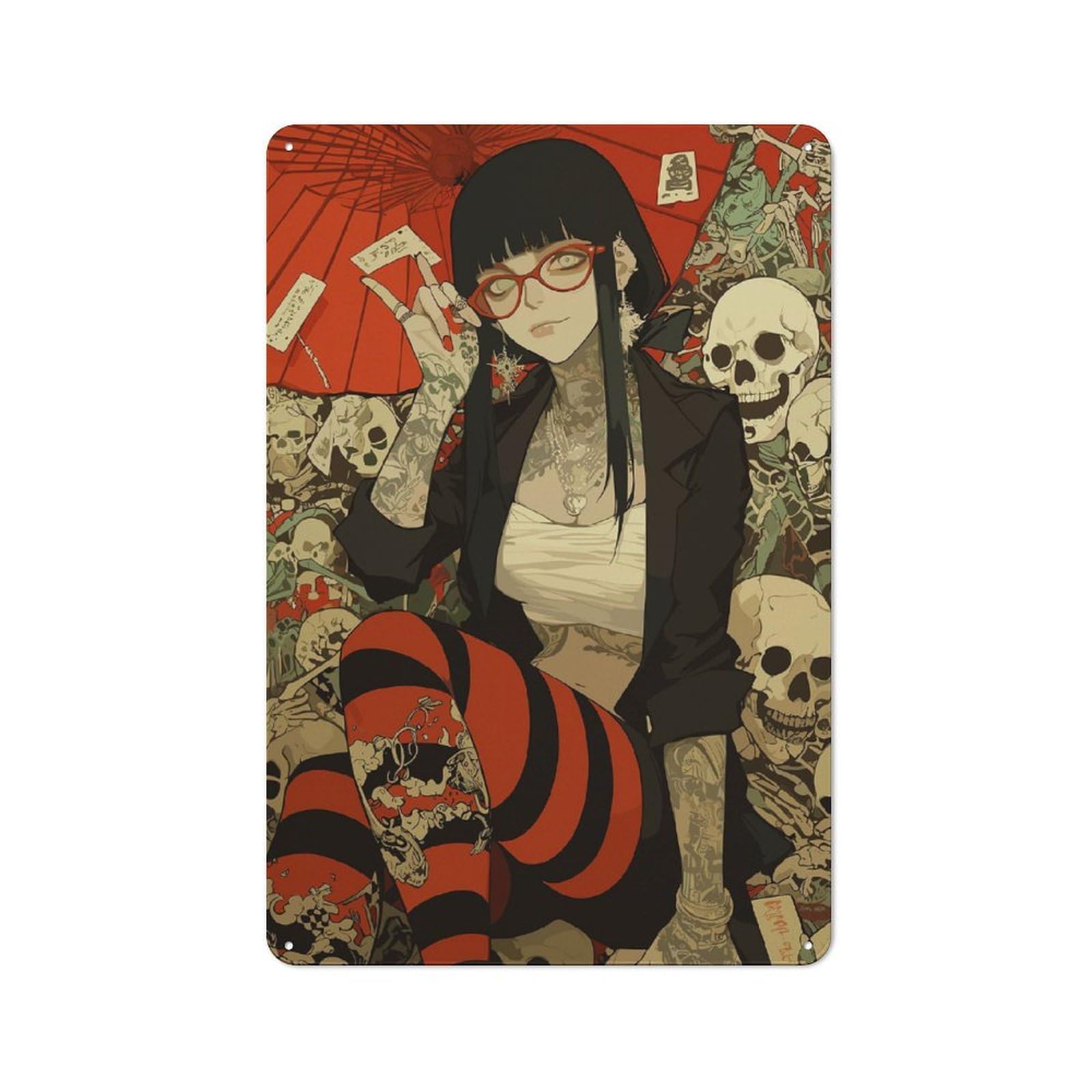 Junmoney Girls Tattooed Anime With Skulls Metal Plaque With Design 30X20cm, Country Style Kitchen Wall Decor For Coffee Bar, Kitchen, Bistro Or Tea Corner