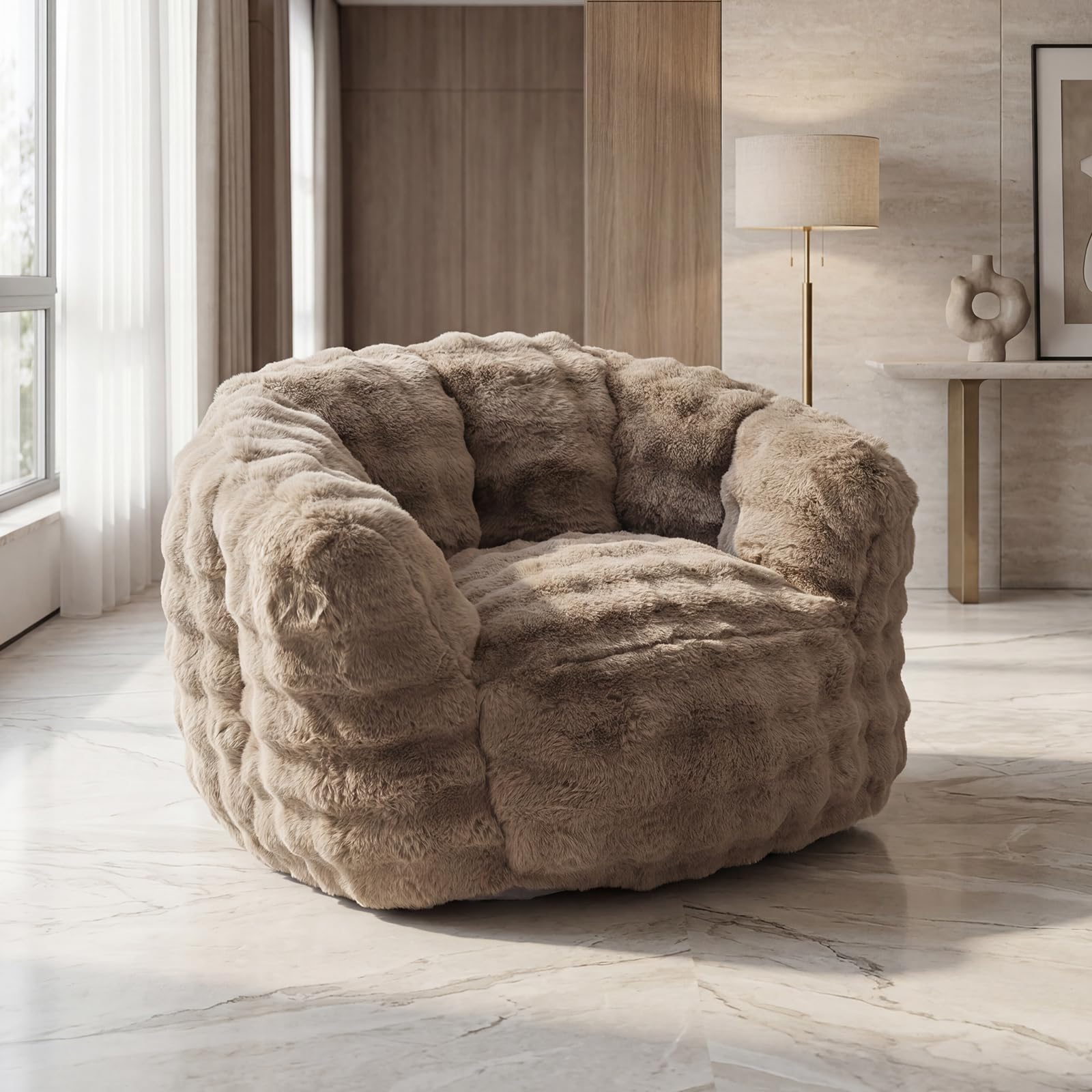 Pouf Salon Confortable, Pouf Poire Large avec Accoudoirs, Kaki | Fauteuil Poire Géant Moderne en Fausse Fourrure de Lapin Douce, Fauteuil Design pour Salon/Chambre