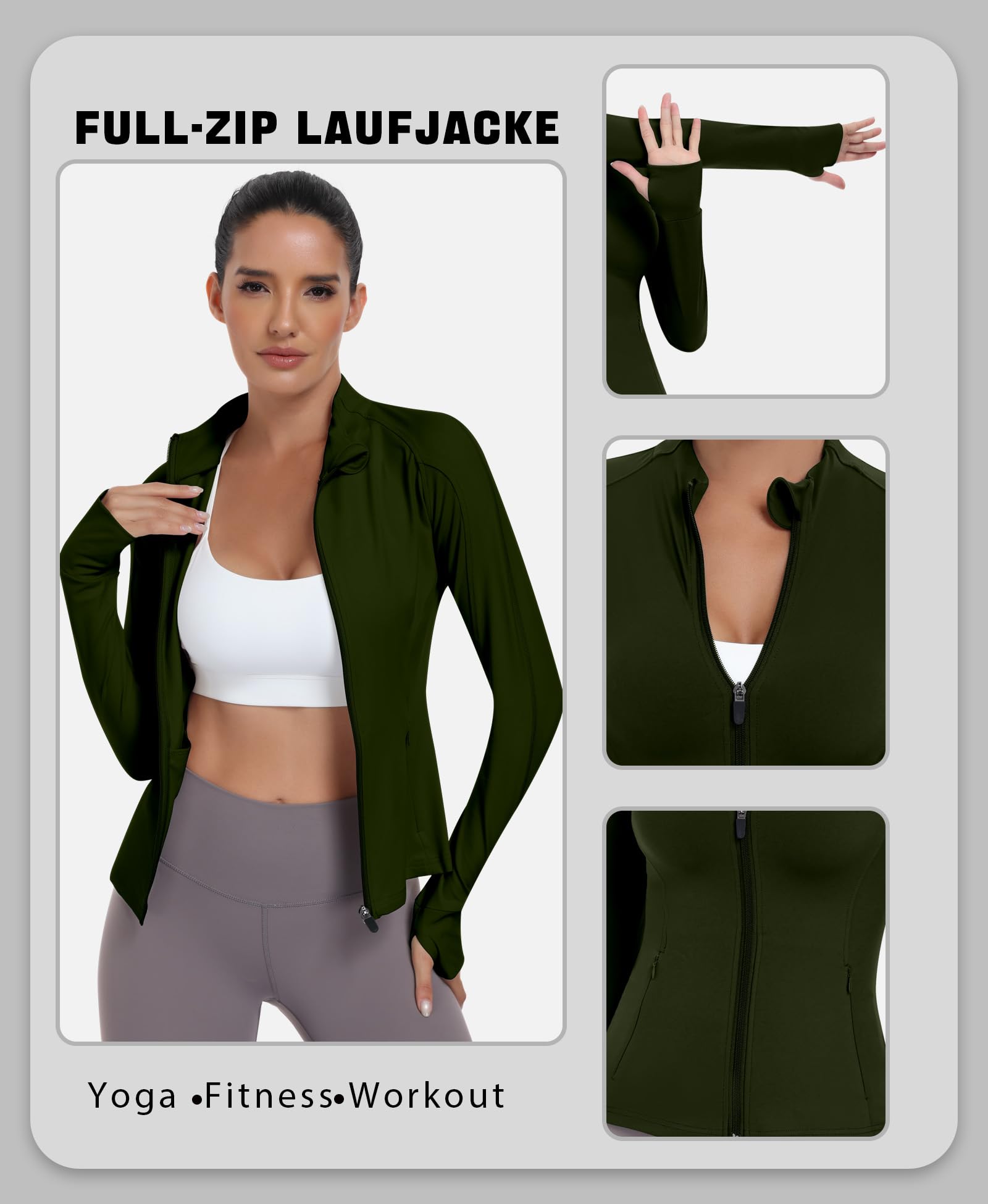 JoyGirl Chaqueta deportiva para mujer, con cremallera, bolsillos para el gimnasio, yoga, fitness, chaqueta ligera con agujero para el pulgar