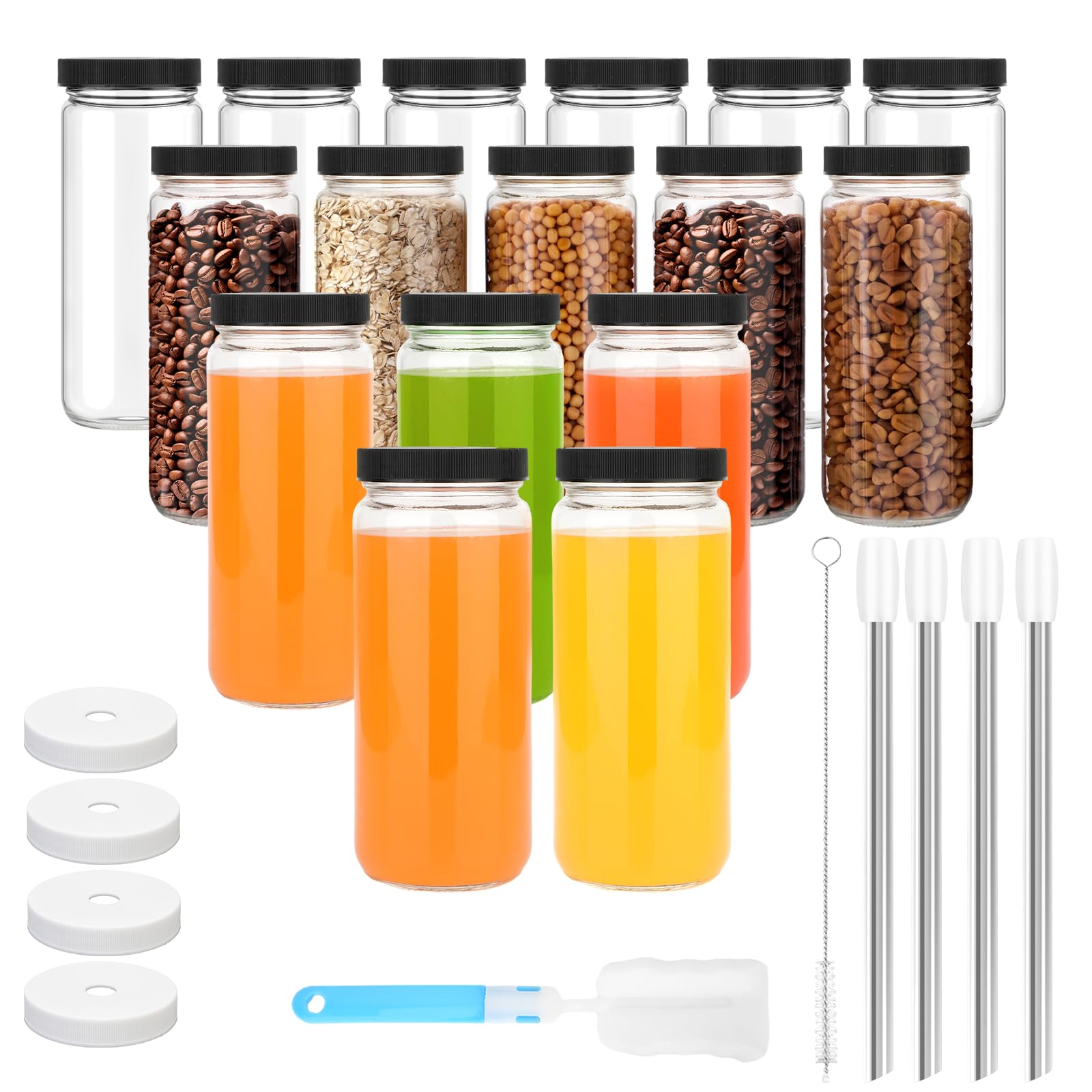 Zukro 16 oz Wide Mouth Glass Juice Bottles with Lid 16 Pack, Leak Proof