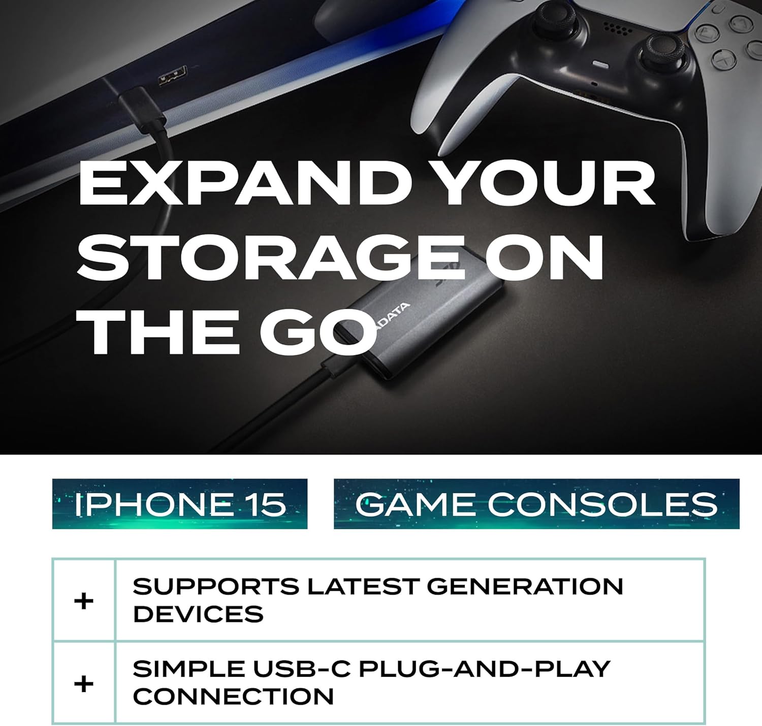 ADATA SE880 - 1 TB Portable External SSD - Secure & Fast Data Transmission - Safe Data Storage - Compact & Lightweight - Supports Latest Gaming Consoles - USB-C Port - Titanium - AELI-SE880-1TCGY