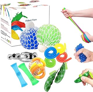OKSANO Fidget Toys 12Pcs, Fidget Toys for Adults and Fidget Toys for Sensory Kids Autism Fiddle Toys for ADHD, Squeeze Mesh Balls, Flippy Chain, Stretchy Strings, Soybean Stress Toys, Twisting Toys