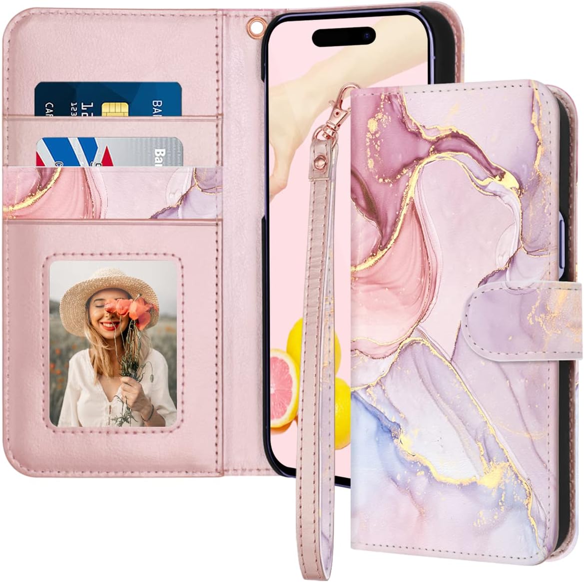 Fingic for iPhone 14 Pro Max Case,for iPhone 14 Pro Max Phone Case Wallet,Marble Rose Gold Leather Magnetic Closure Stand Shockproof PC Bumper Cardslot Protective Flip Case for iPhone 14 Pro Max,2022