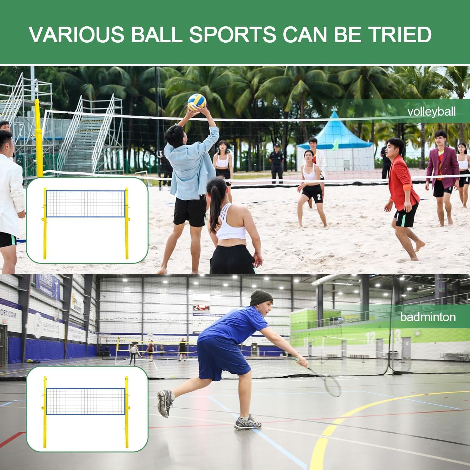 Adjustable Volleyball & Badminton Poles with Heavy Duty Nets, Portable Backyard Set for Kids & Adults, Height 5ft-6.8ft, Easy to Move with Wheels