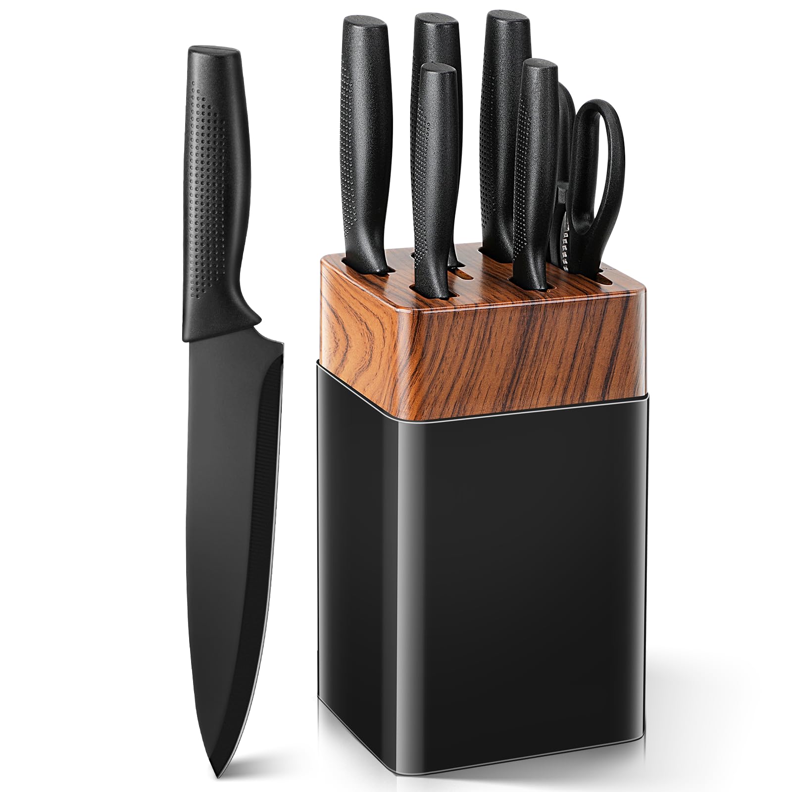 VINATO Juego de Cuchillos de Cocina, de 7 Piezas con Bloque y Afilador de Cuchillos Integrado, Set Cuchillos Cocina con 5 Cuchillos Diferentes y 1 par de Tijeras, Negro