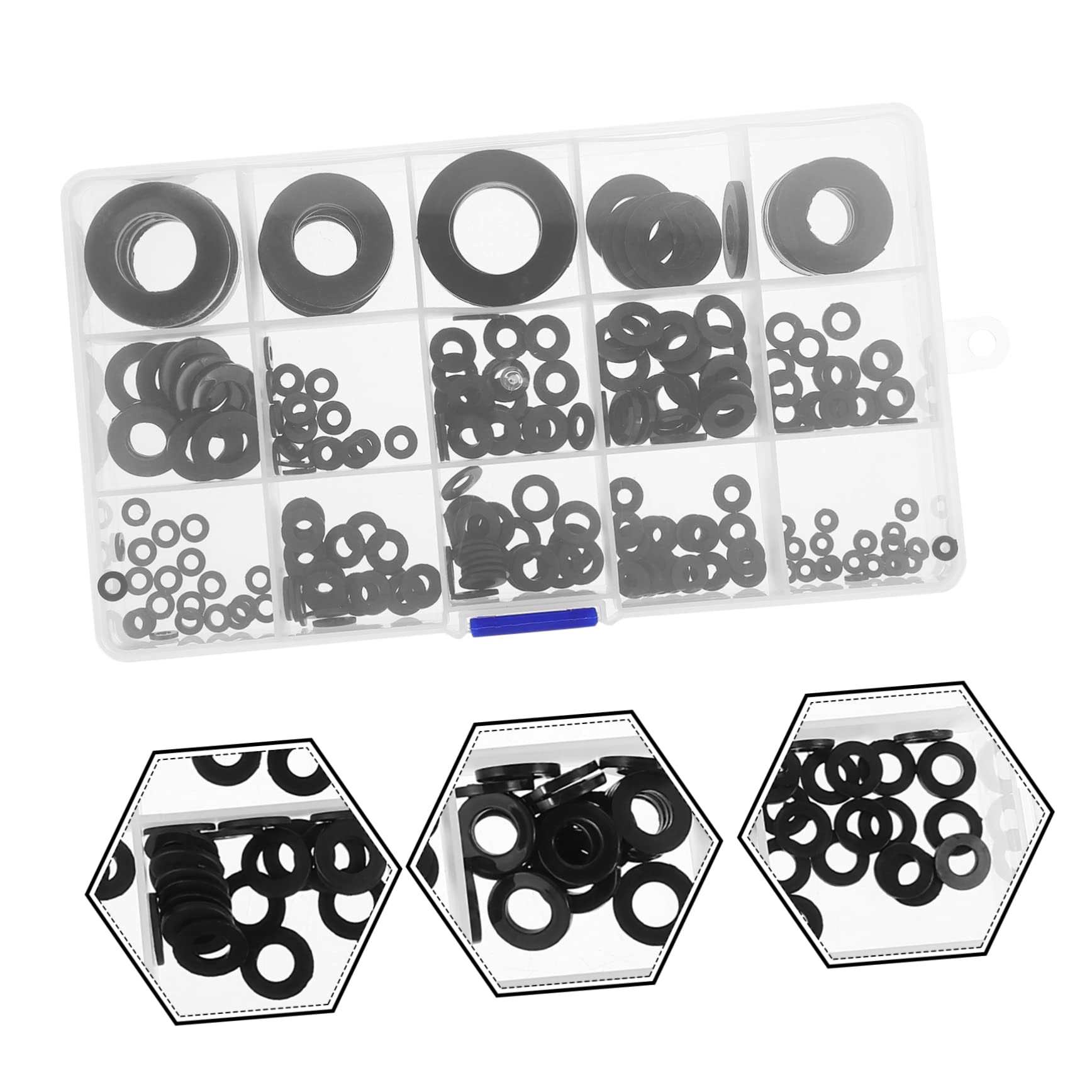 OSALADI Guarnizioni Rubinetto 215 Pezzi, Rondella di Tenuta in Plastica Nera, Assortimento Piatto e Smussato per Lavandino Bagno e Cucina, Riparazione Perdite