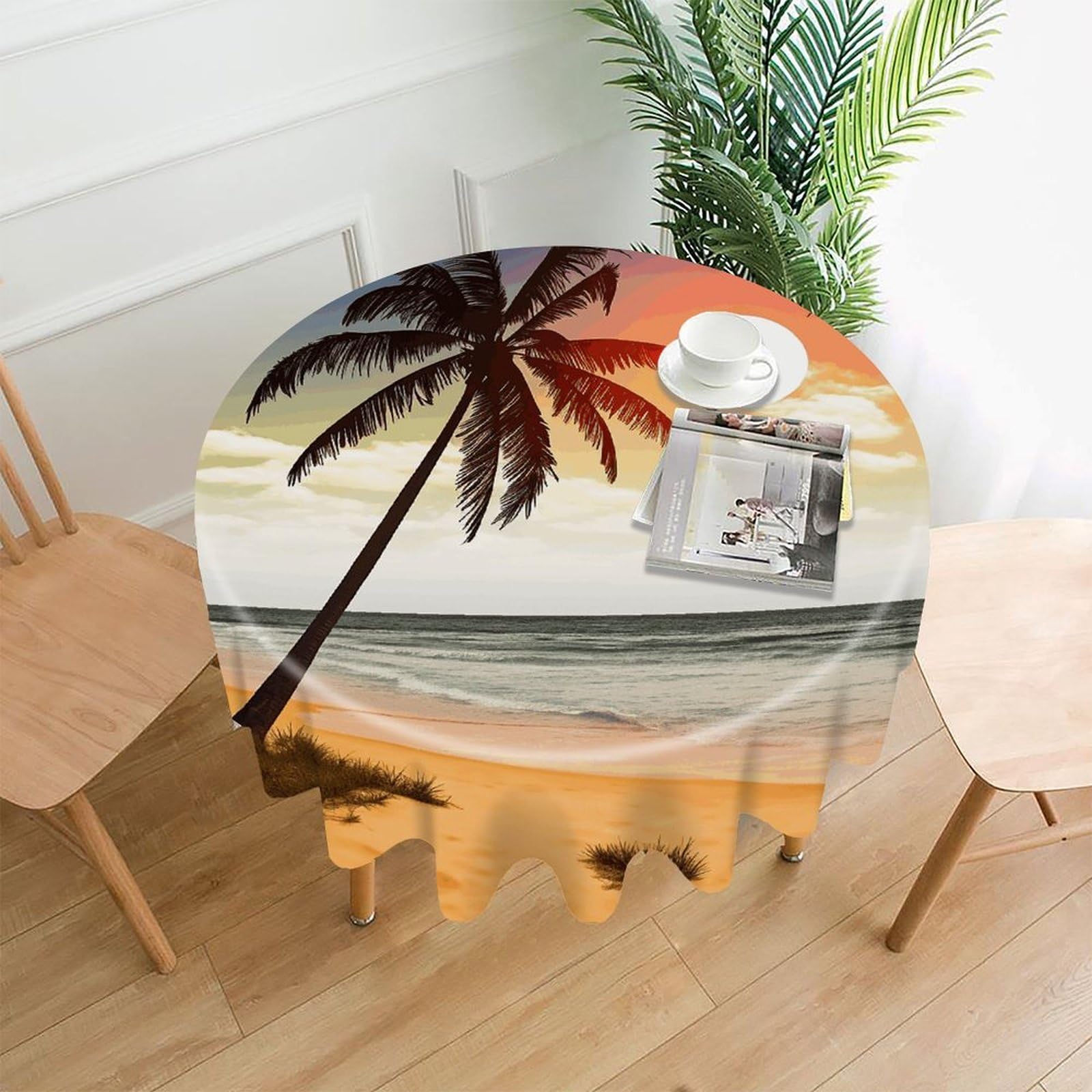 FekiLoot Palm Tree on Beach Round Tablecloth Cover 60 Inch Wrinkle Free Washable Polyester Fabric Table Cover Decorative Round Table Cloth for Home Dining Kitchen Party Farmhouse