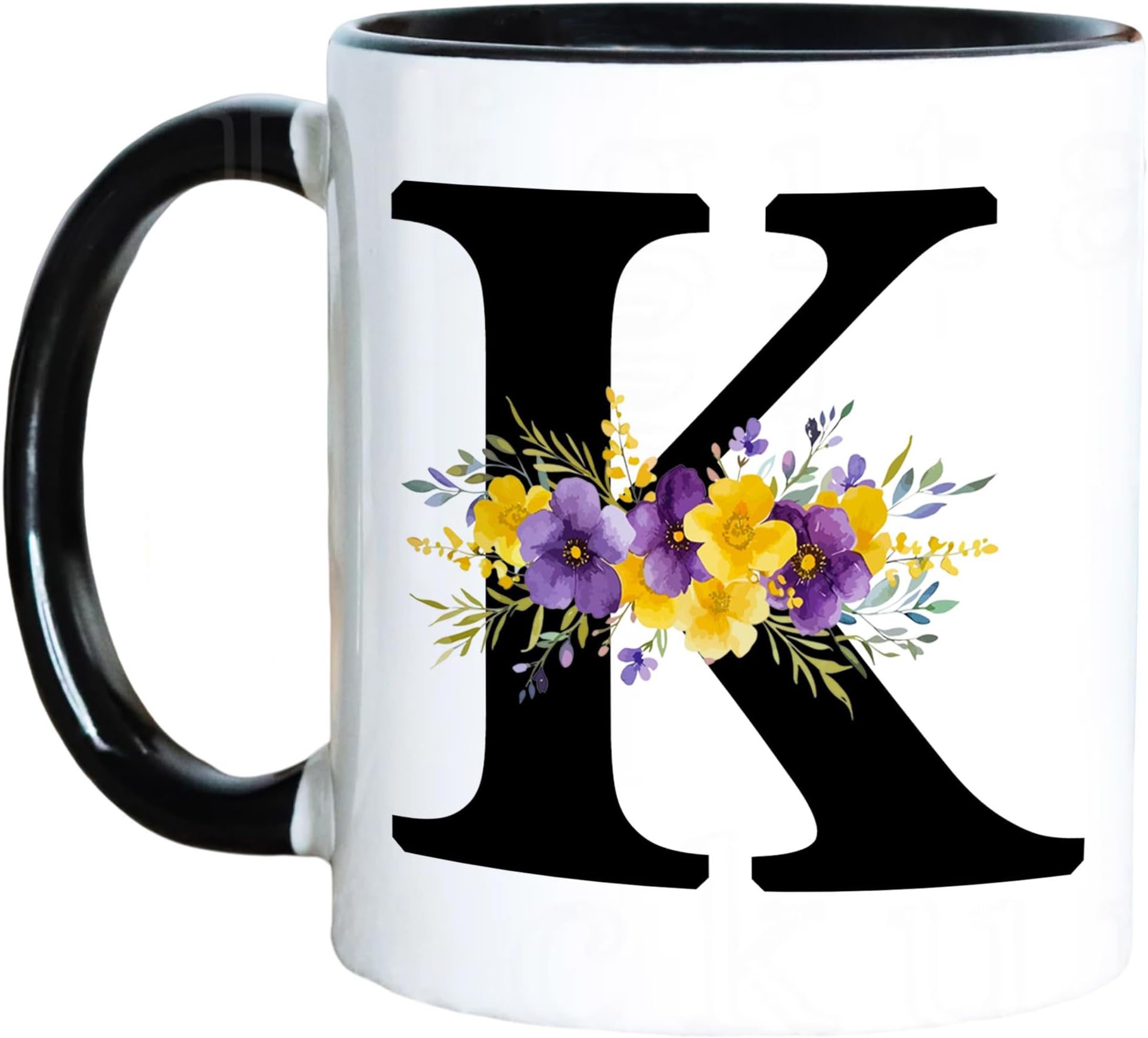 Birthday Gifts for Women, Monogrammed Floral K Ceramic Coffee Mug 11oz Black, Reusable Initial K Drinkware Tea Cup for Home Office Daily Life Aunt Mom Sister Friends Christmas 1pc(11K)