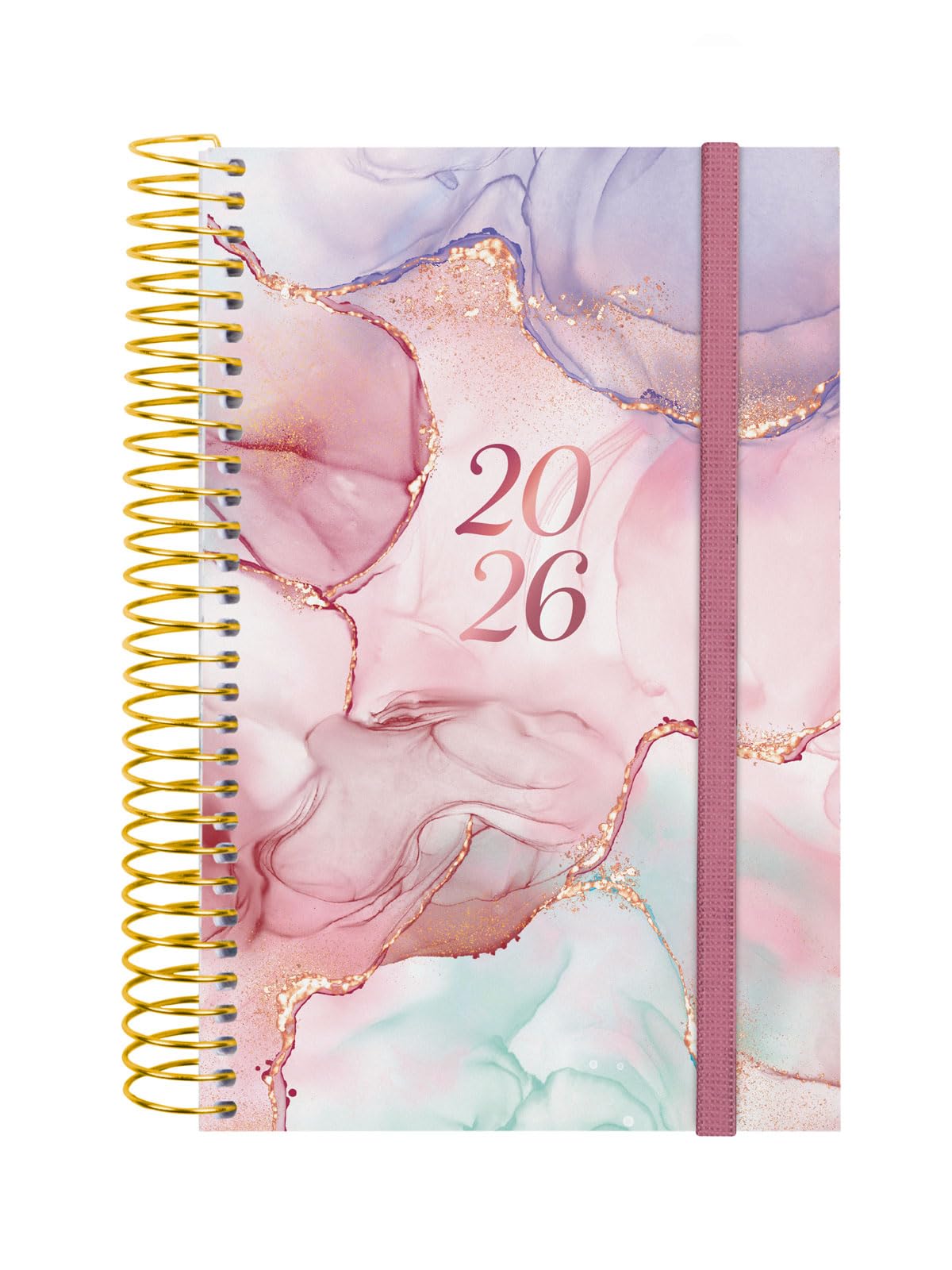 Finocam - Spiral Agenda 2026 1 Day Page | January - December (12 months) | 2026 Yearly Agenda with Rubber | Polypropylene Cover Spiral Design Collection - Goldy - English