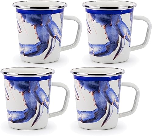 Golden Rabbit Enamelware - Patrón de cangrejo azul - Juego de 4 tazas de café con leche de 16 oz