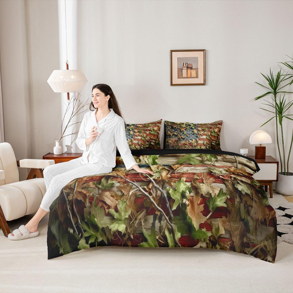 Feelyou Camouflage Camo Comforter Set Queen Size 7 Pieces Vintage American Flag Bedding Set Kids Adult Camo Tree Leaves Forest Bed in a Bag with Comforter, Sheets, Pillowcases, Cushion Covers Decor