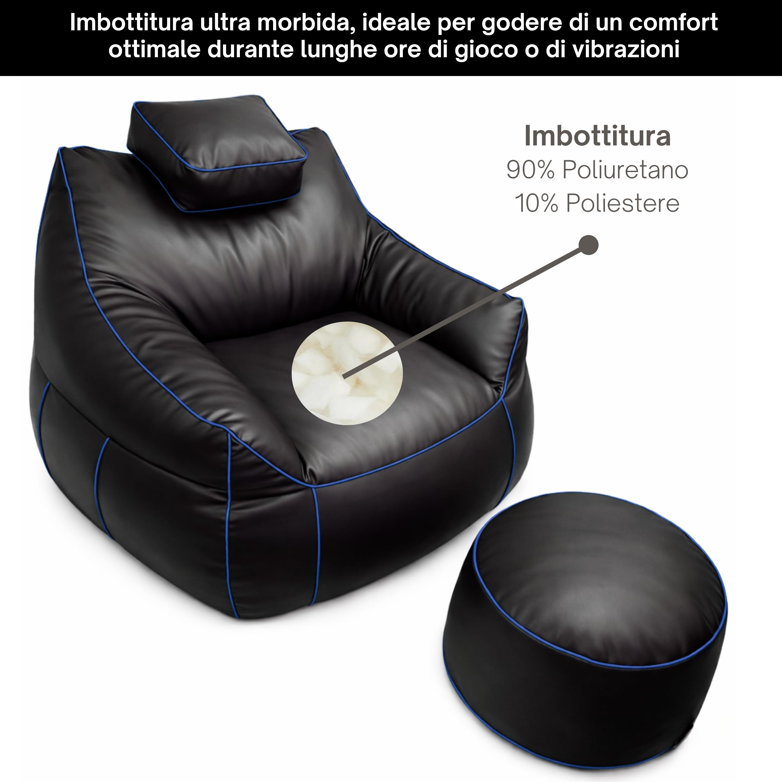 bananair - Set Pouf Poltrona Gaming XXL + Pouf rotondo - Comfort per relax e gaming - Poggiatesta regolabile, 2 tasche - Per divano, soggiorno e postazione gaming (110×100×90 cm, Blu)
