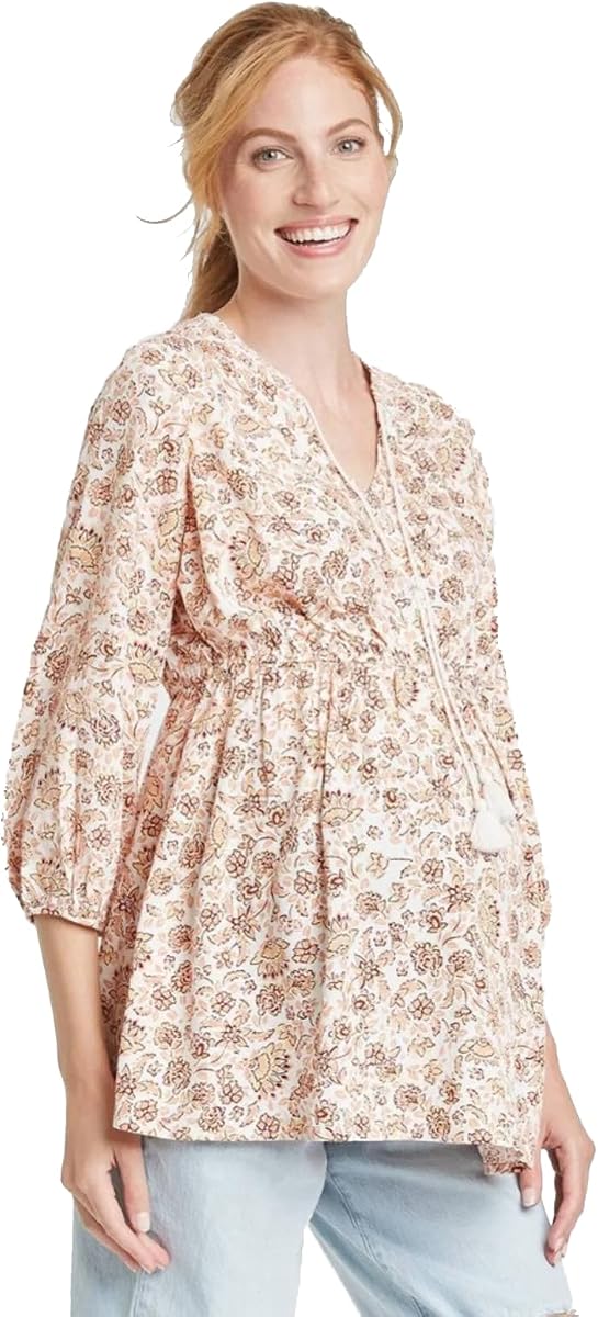 Isabel Maternity 3/4 Sleeve Peasant Woven Maternity Blouse -