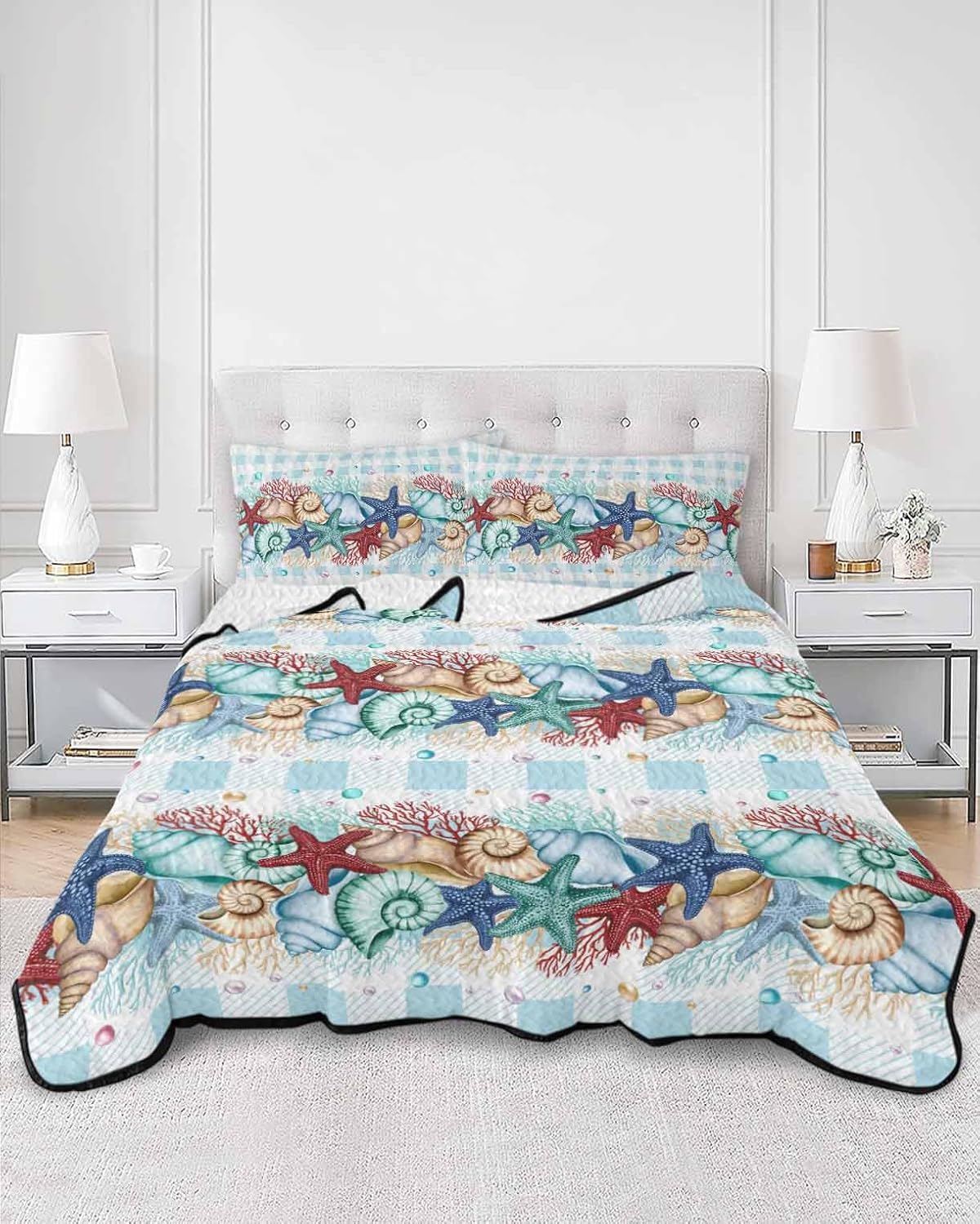 Queen Size Quilt Set, Summer Marine Life Starfish Coral Lightweight Bedspread Coverlet Set Soft Microfiber Summer Quilt with 2 Pillow Shams, Blue White Plaid 3 Piece Comforter Bedding Set