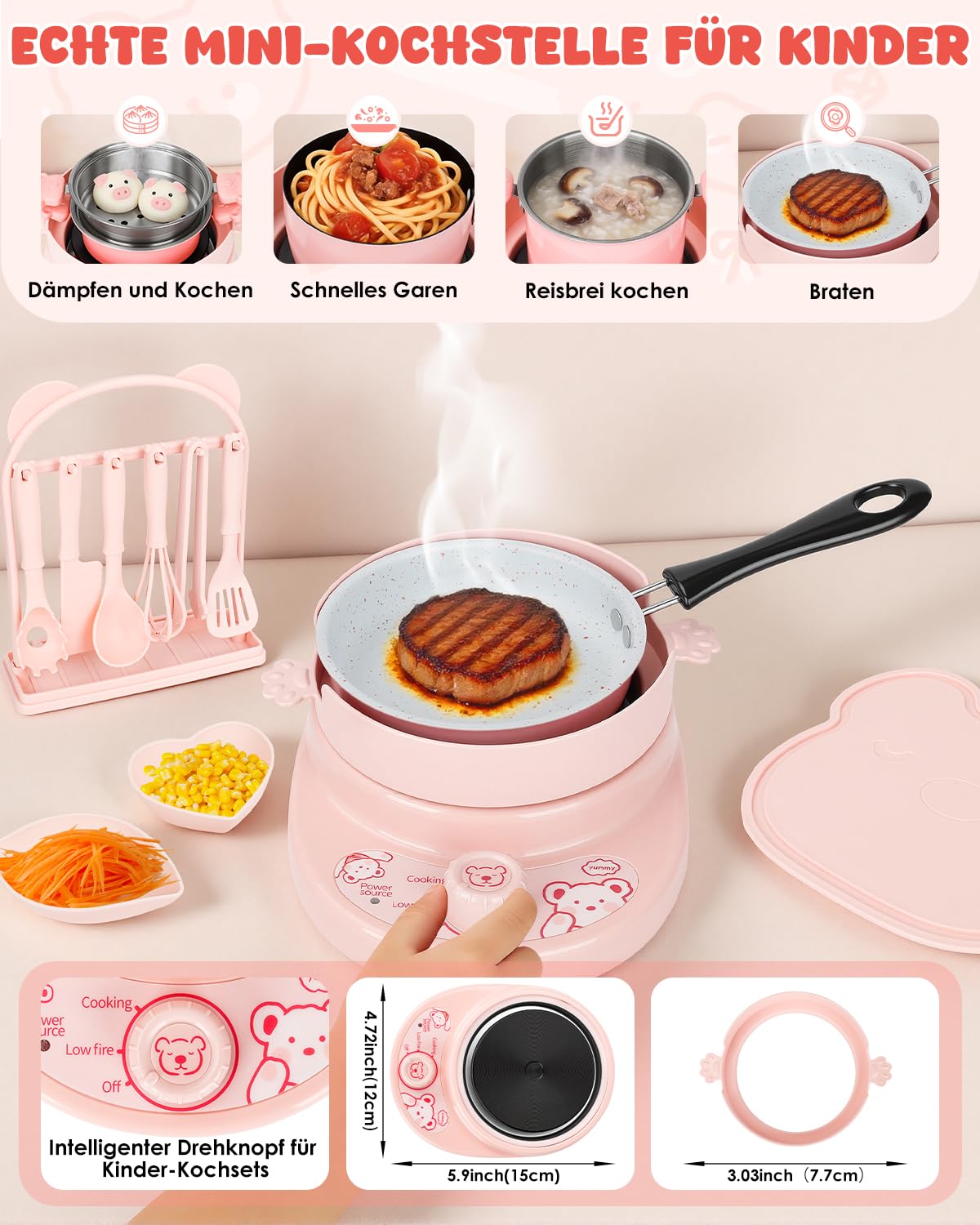 Juego de cocina para niños, 42 piezas, accesorio completo para la cocina de los niños, con juego completo de ollas para 8-12 años, para cocinar y preparar (rosa claro)