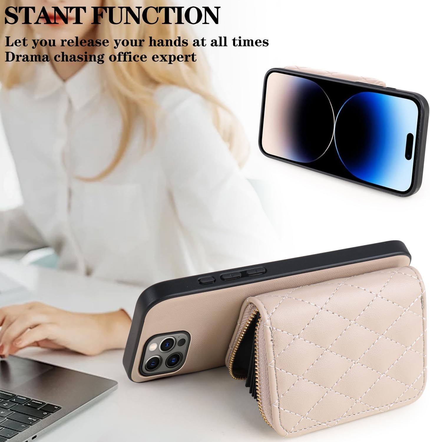 Argyle Wallet Cover for iPhone 16 Pro 6.3 inch & Tempered Glass Screen Protector Shoulder Strap, Luxury PU Leather Zipper Organ Card Holder Stand Phone Case for i Phone16 i16 16Pro Women Khaki