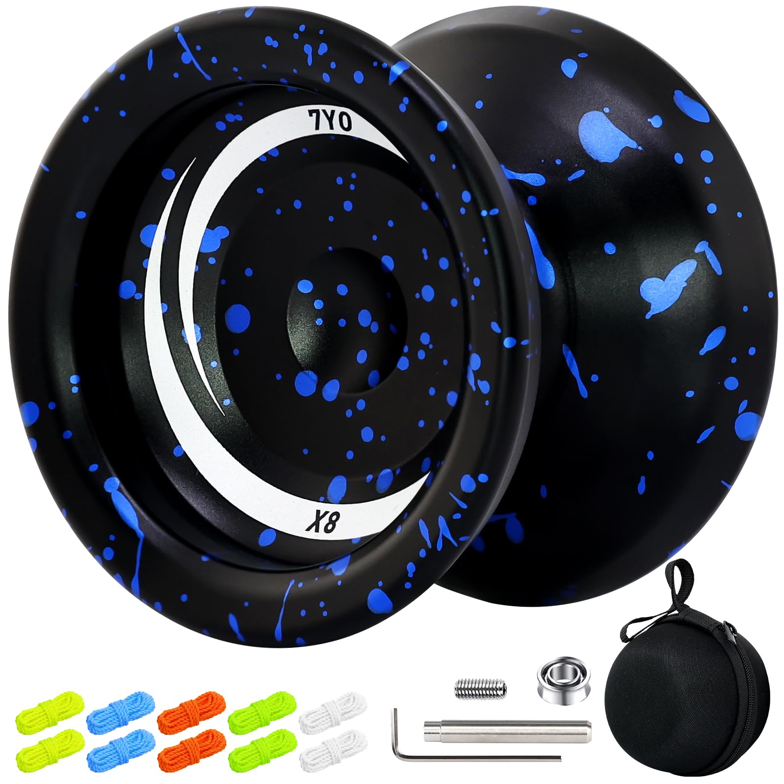 7YO Yoyo for Kids Beginner, X8 Responsive Professional Yoyo for Adults, Metal Alloy Yo Yo with 10 Strings, Case, Removal Bearing Tool, KK Bearing -