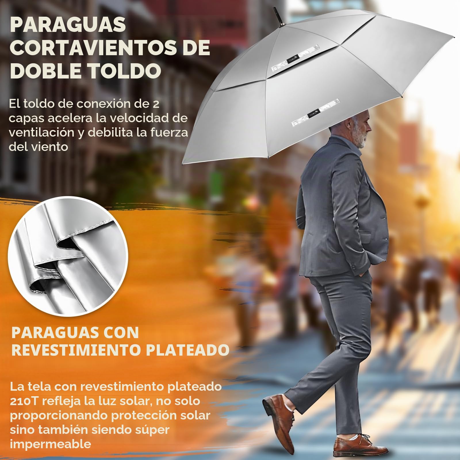 ZOMAKE Paraguas Golf Grande 54 Inch- Paraguas Proteccion UV Con Mango En J,Paraguas Golf Antiviento Auto-Abrir,Paraguas Trekking Para Mujeres Embarazadas Ancianos Y Niños(Plata Y Negro)