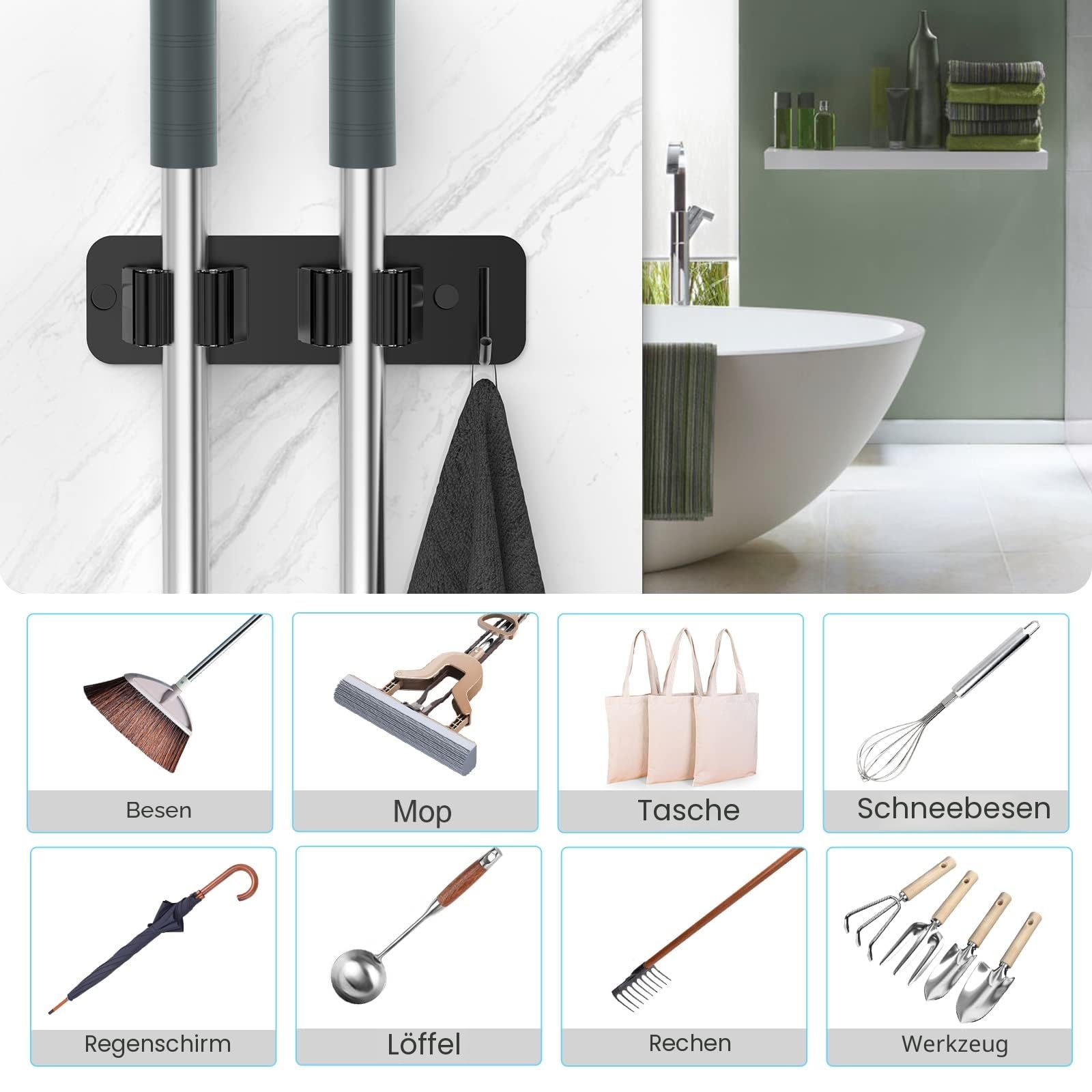 homeasy Besenhalterung Wand 2 Stück Besenhalter Selbstklebend Edelstahl Gerätehalter Ohne Bohren Mop Halter Werkzeughalter Organizer mit Haken und 2 Halter für Küche Badezimmer Garten Balkon