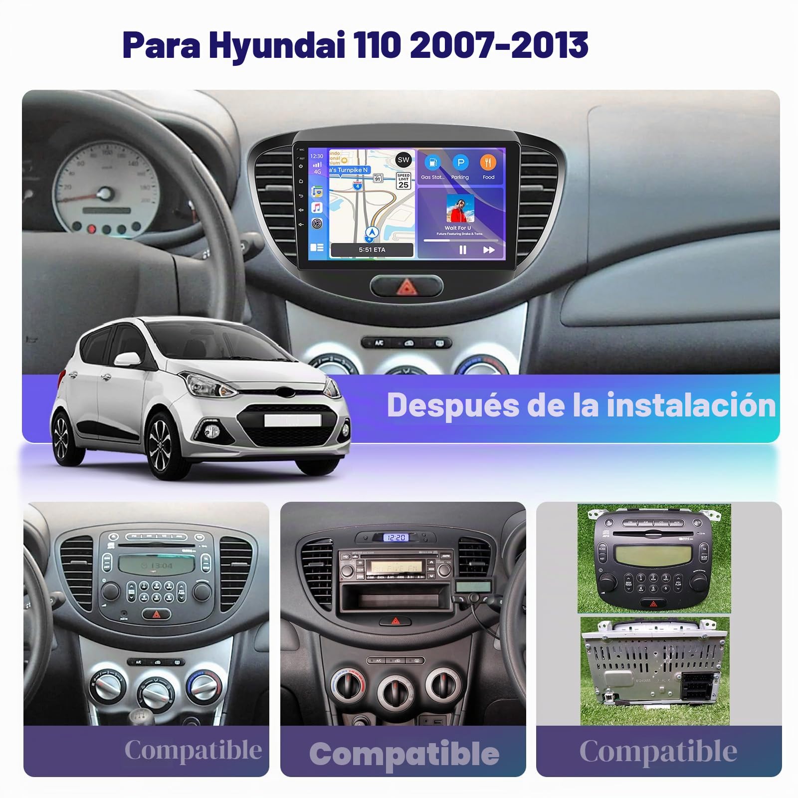 8 Core 4G+64G Hikity Android 15 Radio de Coche para Hyundai I10 2007-2013 con Carplay Android Auto, 9 Pulgadas IPS de Pantalla Táctil con GPS Bluetooth WiFi FM/RDS DSP Cámara Trasera