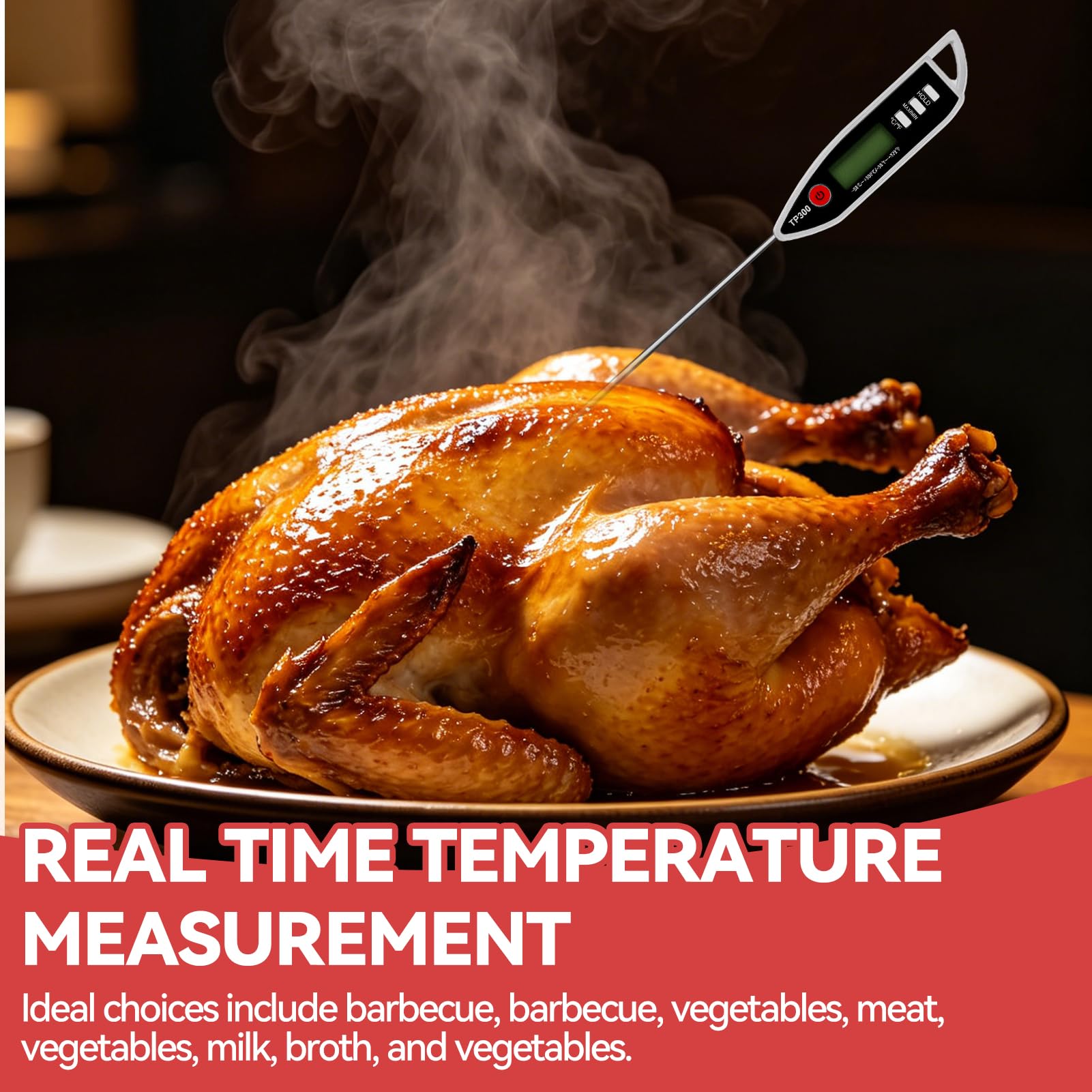 Küchenthermometer, wasserdicht, IPX7, sofortiges Ablesen, mit langer Sonde aus Edelstahl, Digitales Thermometer für Lebensmittel, Fleisch, Flüssigkeit, BBQ, Kerze, Milch, Backen, Umwandlung °C °F