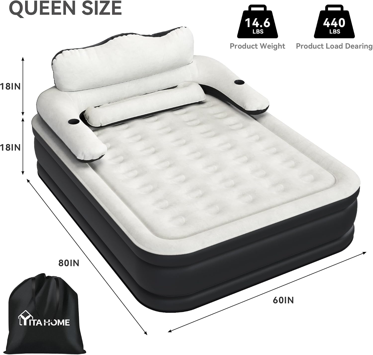 YITAHOME Queen Size Air Mattress with Headboard and Built-in Pump, 18in Blow Up Mattress with Carry Bag, and Nozzles for Home, Camping, and Travel