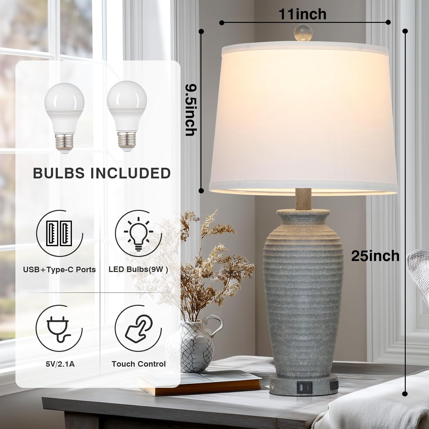 25" Grey Farmhouse Jar Table Lamps, 3 Way Touch Control Rustic Bedside Lamps with USB A+C Ports & AC Outlet, Pot Nightstand Lamps for Bedroom End Table (LED Bulbs Included)