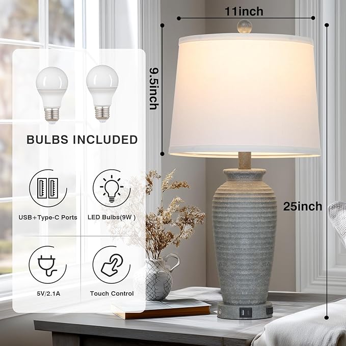 Lámpara de Mesa CINSARY 25" Gris Rústica con USB y Salida AC miniatura 4