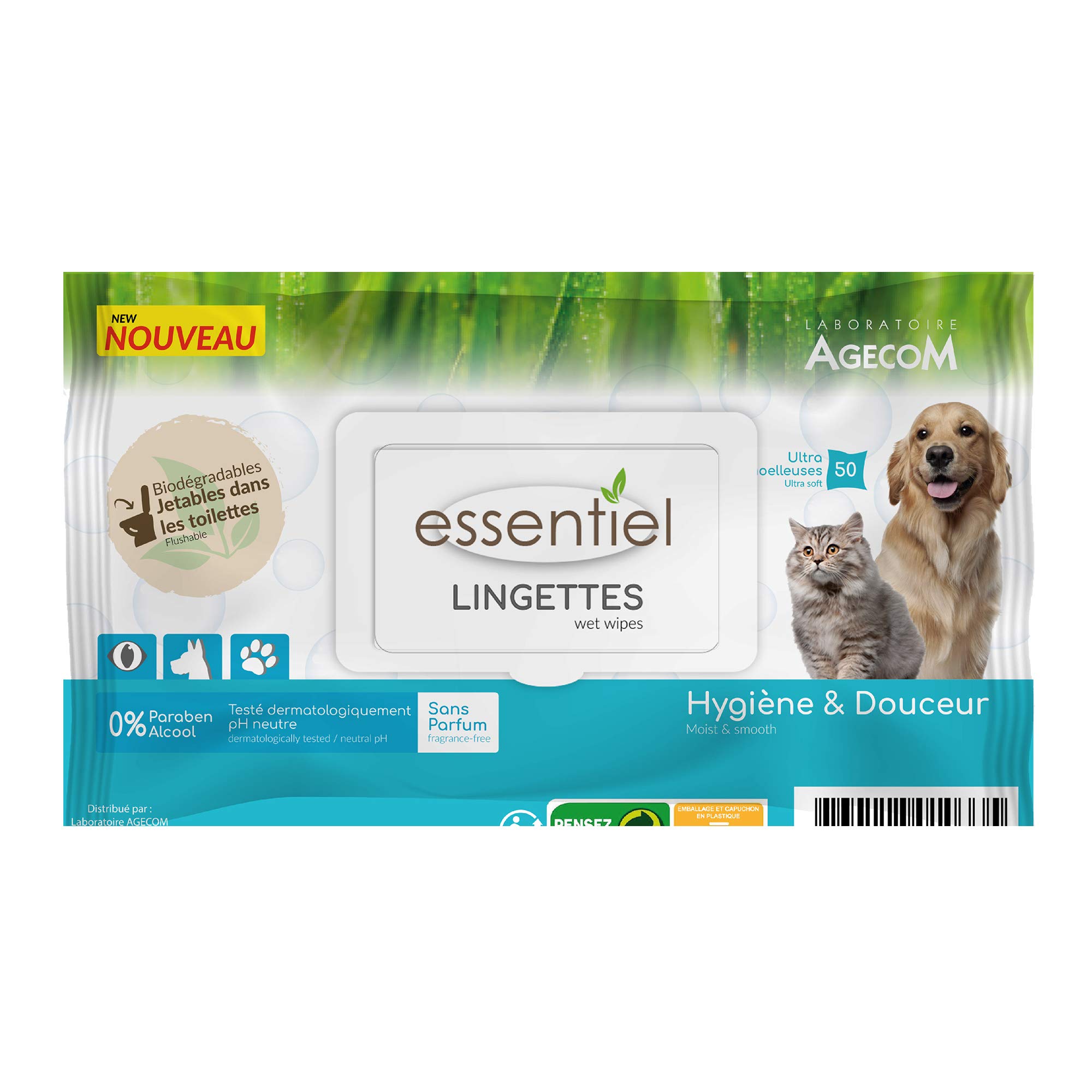 Essentiel - Lingettes sans Parfum 0% Paraben pour Chien et Chat - x40