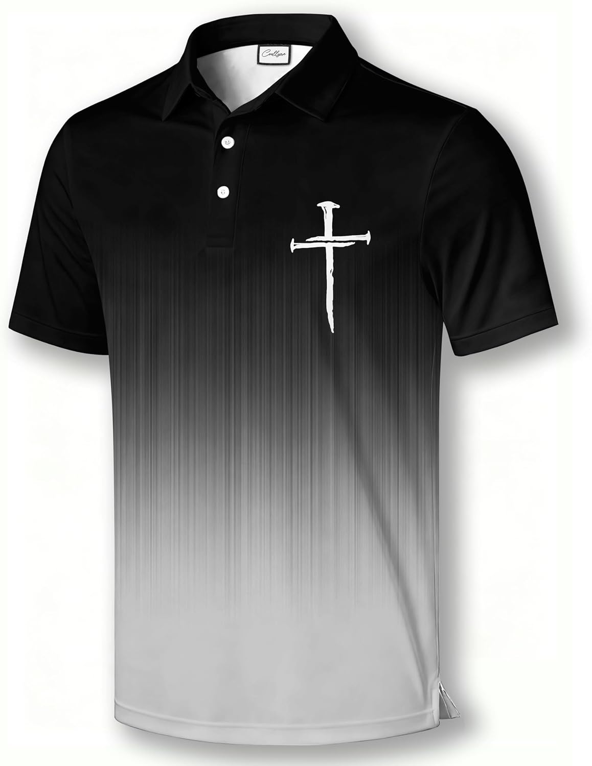 Christian Athletic Golf Polo, Black Performance Shirt with Gold Cross Design, Short Sleeve