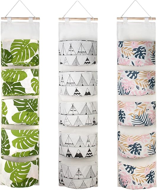 VASZOLA 3Pcs Linen Fabric Wall Closet Hanging Storage Bag with 5 Pockets, Waterproof Over The Door Closet Organizer, Multifunctional Wall Hanging Storage Bag for Bedroom Bathroom (House/Leaf)