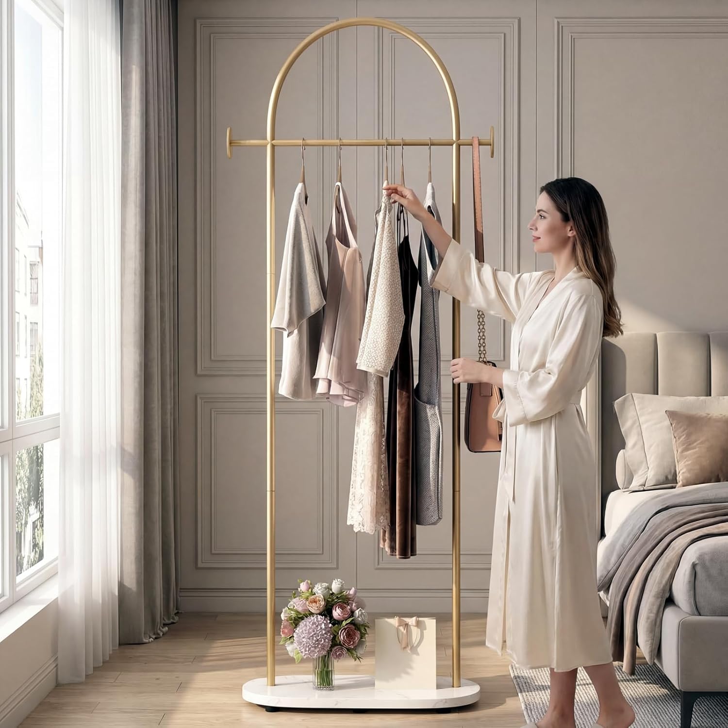 Gold Clothing Rack, Modern Clothes Rack with Shelf, Heavy Duty Freestanding Coat Rack, Metal Coat Hanger Stand with Hooks for Boutique Office