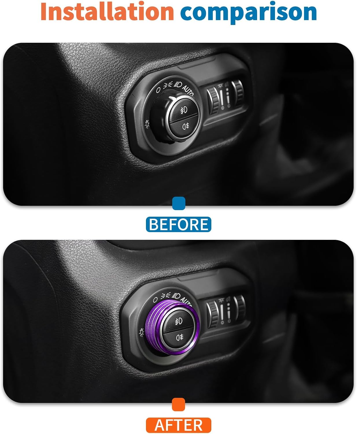 JeCar 8-Piece Aluminum Switch Button Knob Covers for 2018-2025+ Jeep Wrangler JL JLU & Gladiator JT Window Switch Button Cover, Radio, Air Conditioner, Headlight Switch Knob Cover (Purple)