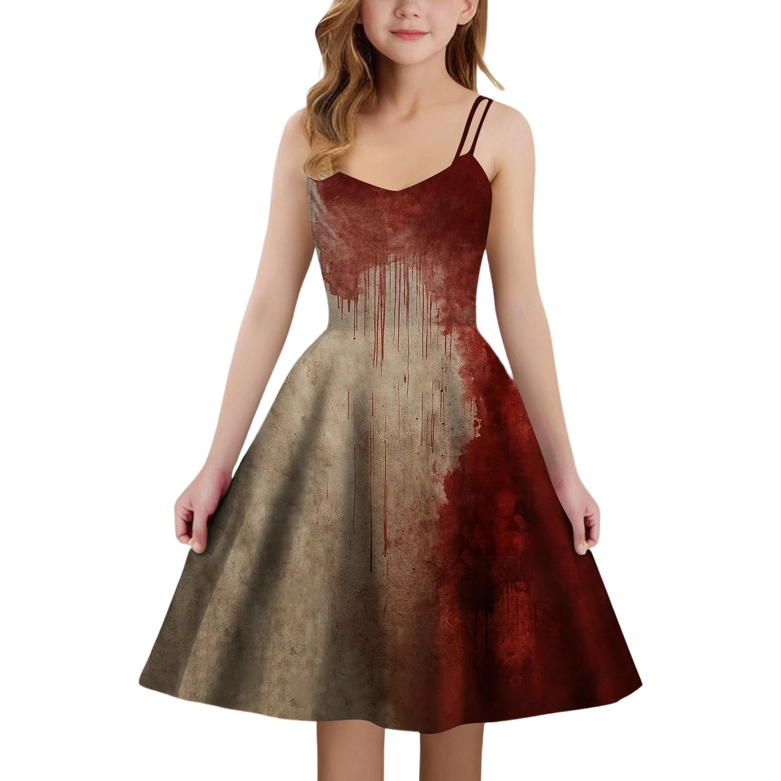 Halloween Kostüm Mädchen - Halloween Kleid Kinder mit Blutbeflecktem Aufdruck Halloweenkostüme Gruselig A-Linie Trägerlos Kleider für Cosplay Karneval Party