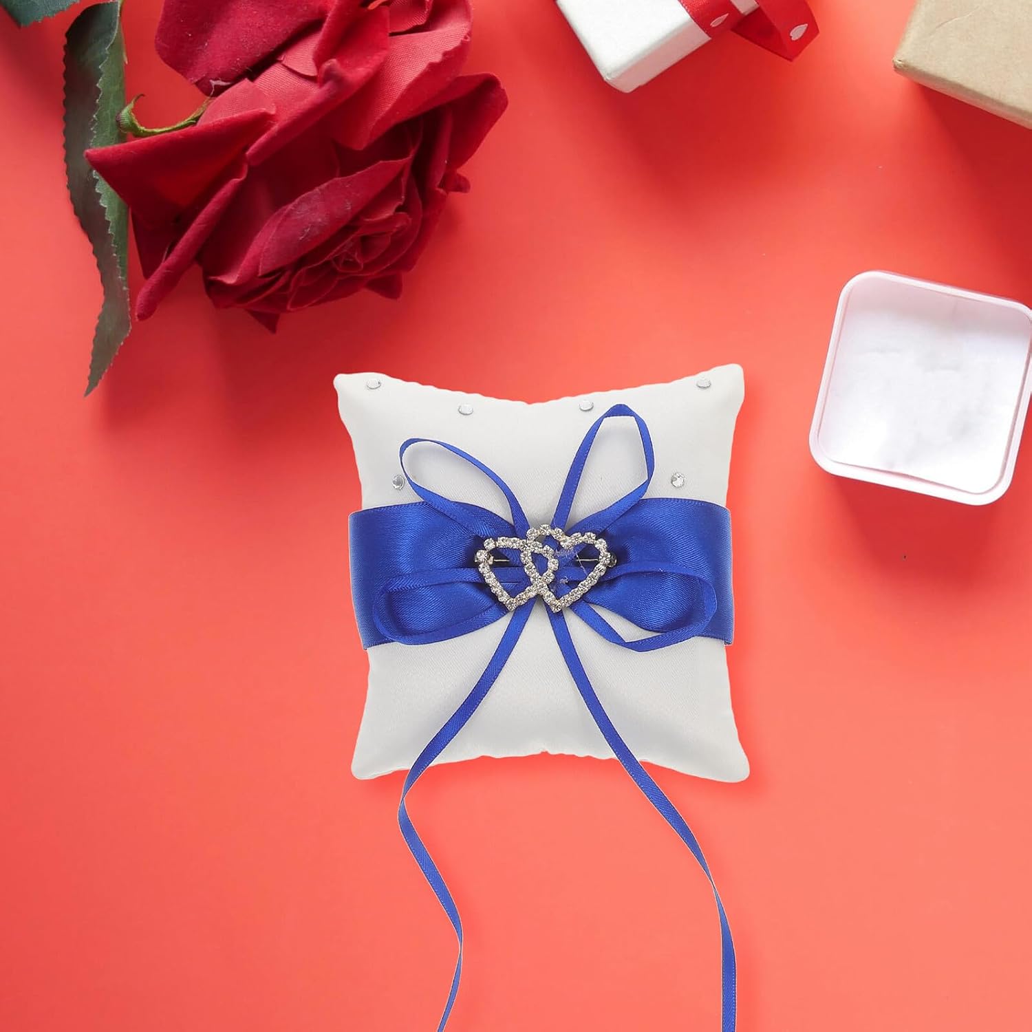 Heart-Shaped Blue Rhinestone Ring Bearer Pillow Cushion for Wedding and Engagement, Decorative Ring Holder with Satin Fabric, Bridal Ceremony Accessory