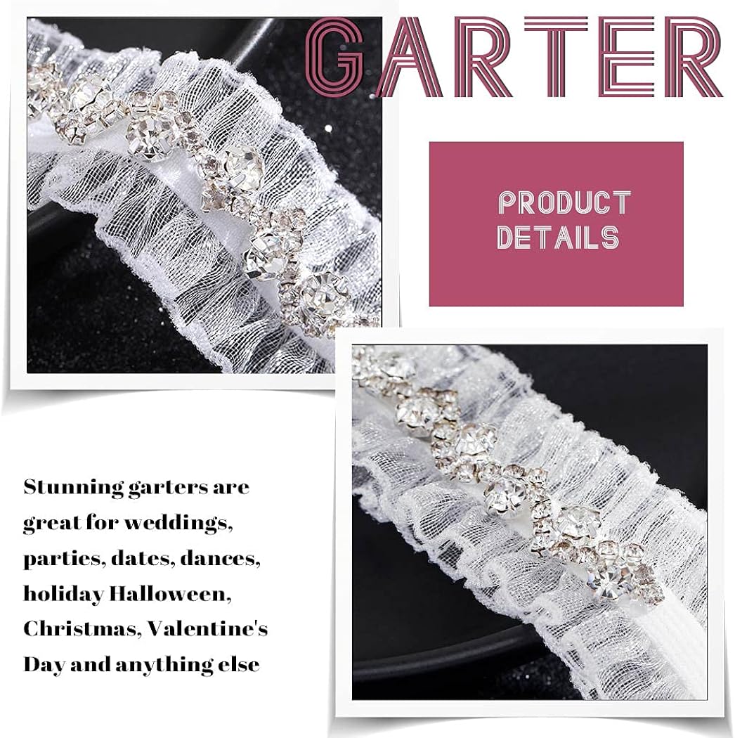 Vista 6 de EVAZEN Liguero de boda para novia, liguero de encaje blanco, ligas de cristal con diamantes de imitación, conjunto de ligas elásticas para piernas