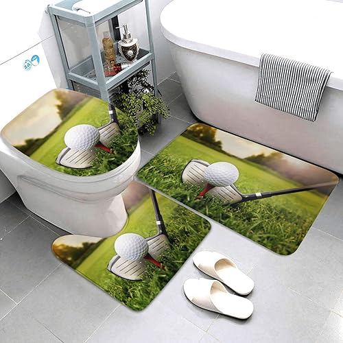 Miniatura 3 de Juego de 3 alfombras de baño, tapete de baño + tapete de contorno + funda de asiento de inodoro, pelota de golf antideslizante, absorbente,