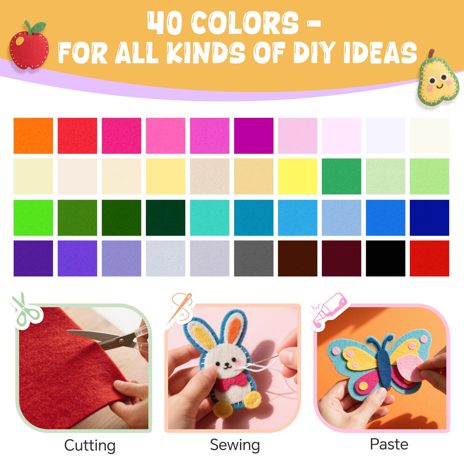 Pack De 10 Hojas De Fieltro De Colores – 40x60 Cm, Suave Y Flexible – Ideal Para Manualidades, Costura Y Proyectos DIY Con Niños