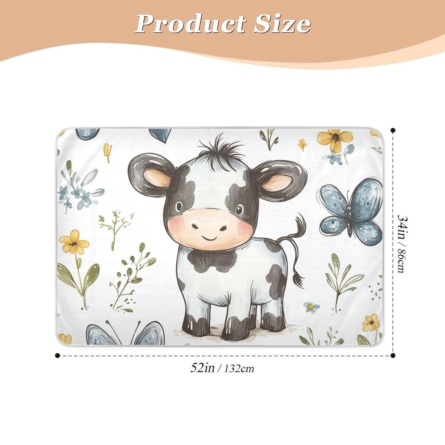 Cartoon Cute Cow White Extra Large Resuable Toddler Mattress Pads Water Resistant Baby Diaper Changing Pad Breathable Bed Liners for Children Adults Pets, 52" L x 34" W
