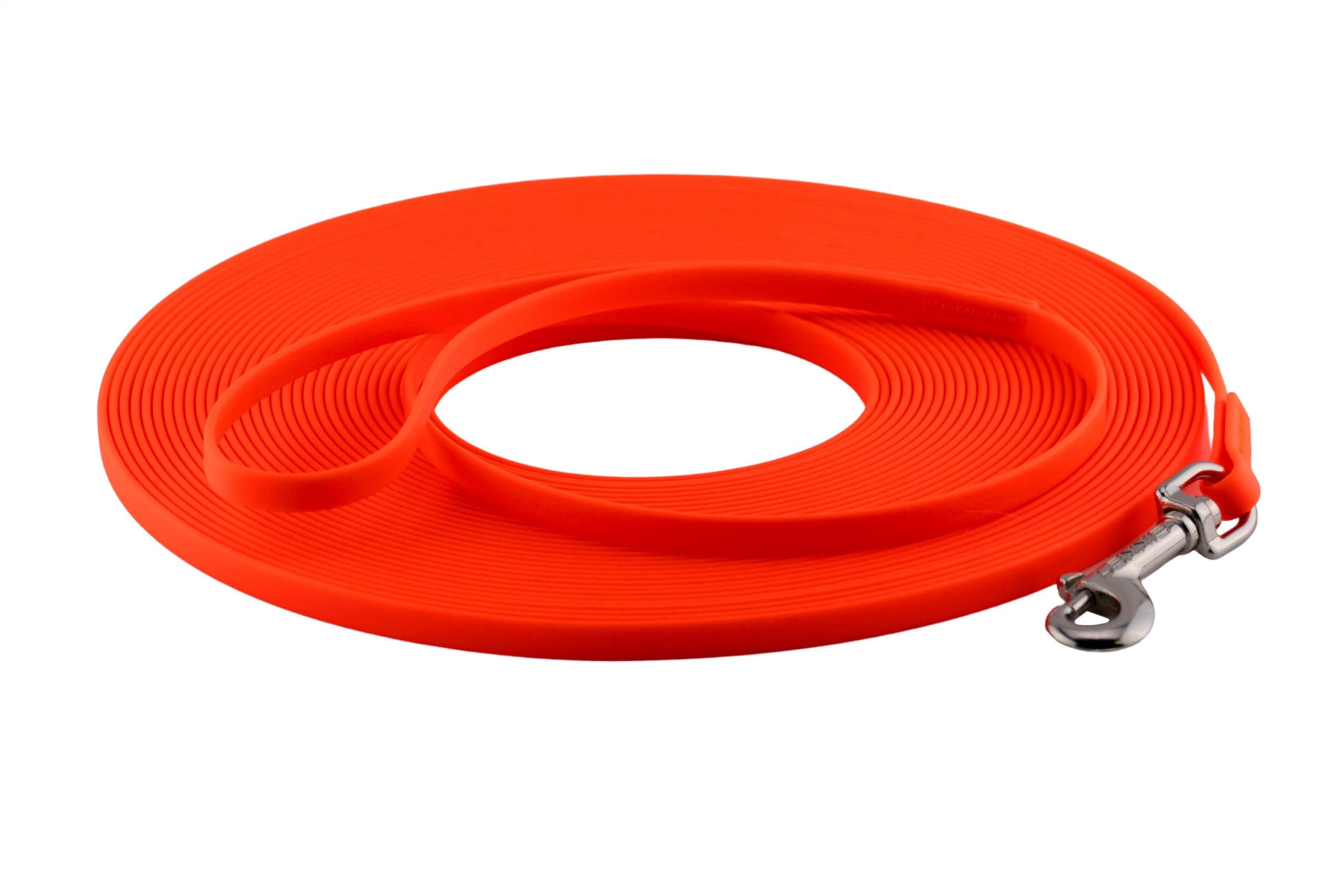 LENNIE Correa impermeable para perros pequeños y grandes, fabricada en Alemania, Easycare, 5 m, 8 m, 10 m, 15 m, con correa de mano, ligera, robusta [naranja neón, 8 mm (hasta 10 kg), 15 m]