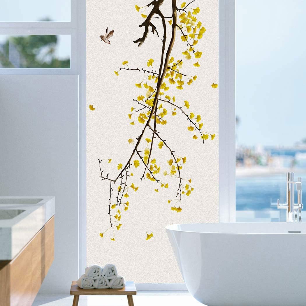 Decorative Privacy Window Films Hand-Painted Maple Leaf Window Covering Muted Colors Frosted Window Film Glass Sticker for Home 34.6"x59"(88x150cm)