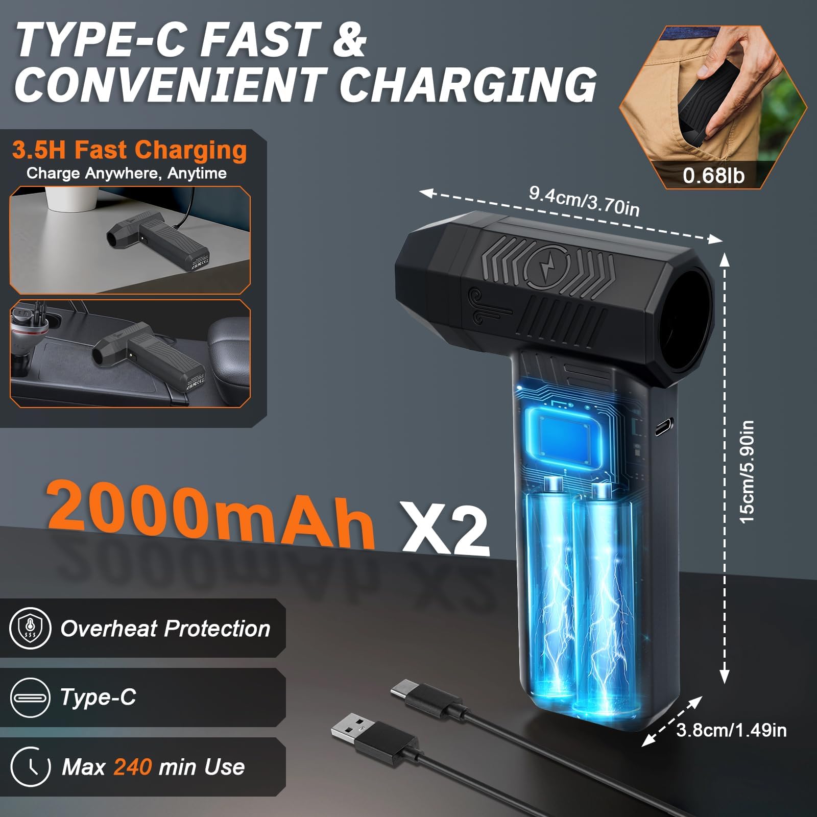 Soffiatore a Batteria Aspiratore 120000RPM, 4 Velocità Aria Compressa Air Duster Ricaricabile Soffiatore Aspiratore a Batteria Portatile per PC e Tastiera Peli di Animali Ufficio Auto