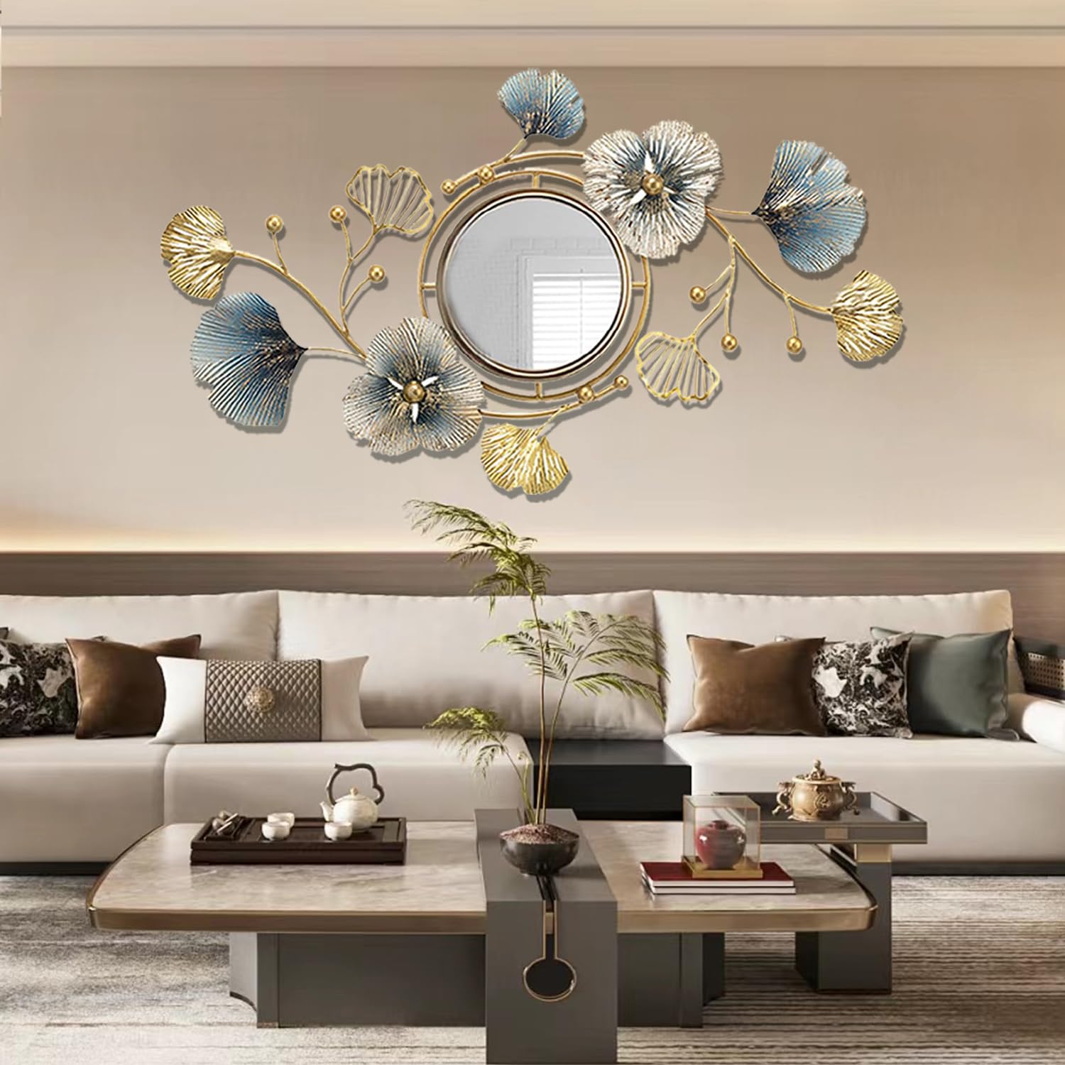 SJASD Specchio da Parete Sunburst, Specchio da Parete Decorativo con Foglie di Ginkgo in Metallo, Specchio Rotondo da Appendere per la Decorazione della Parete per Soggiorno, Camera da Letto